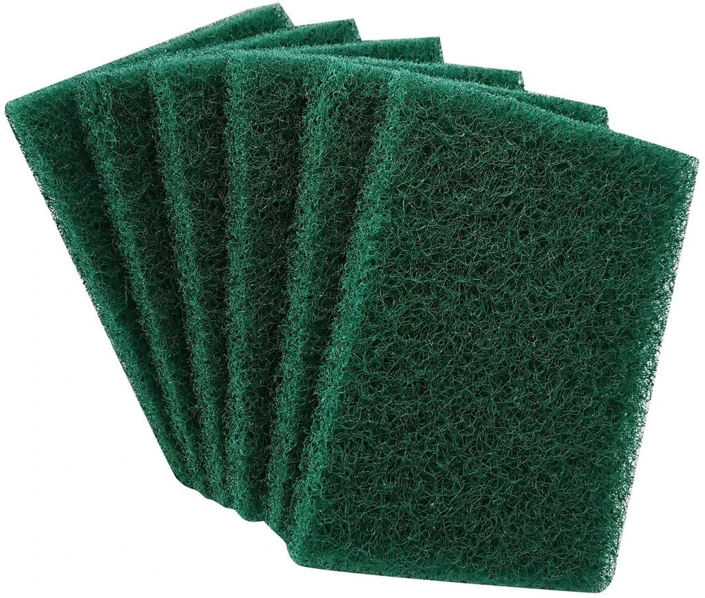 Pack of 6 aqua green scrub sponges for kitchen cleaning. Pack of 6 aqua green scrub sponges for kitchen cleaning.